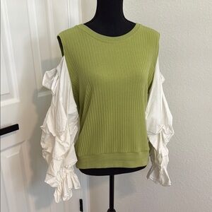 Dressed In LALA - Green and White Women's Top with Ruffled Sleeves